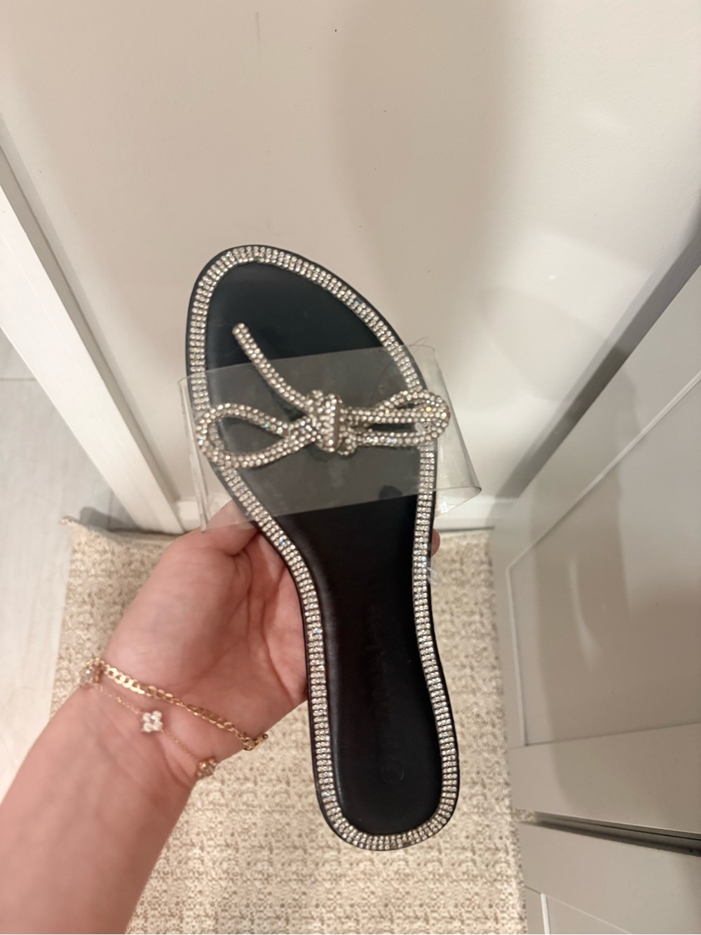 Rhinestone Bow Clear Strap Slide Sandals - Black